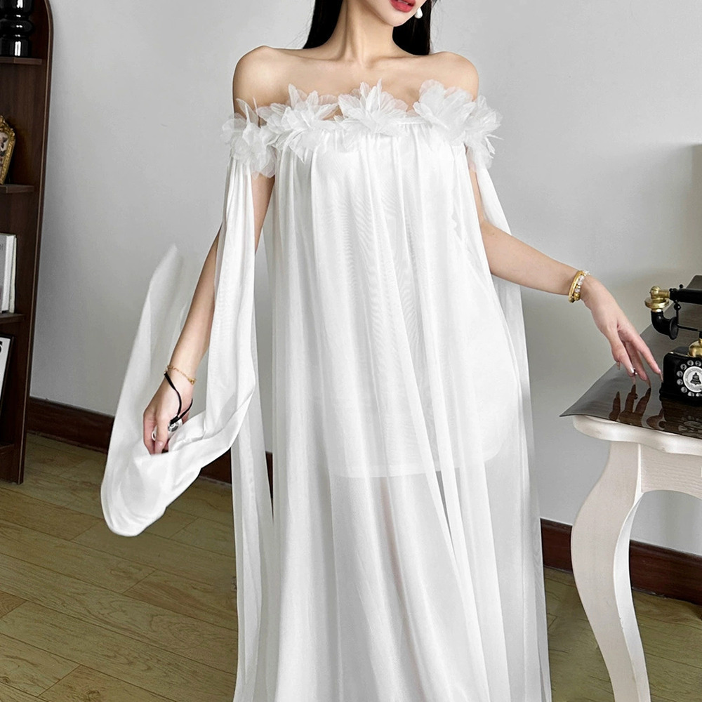 Zara Fall Flowy Off Shoulder Feather Trim Tulle Maxi Dress